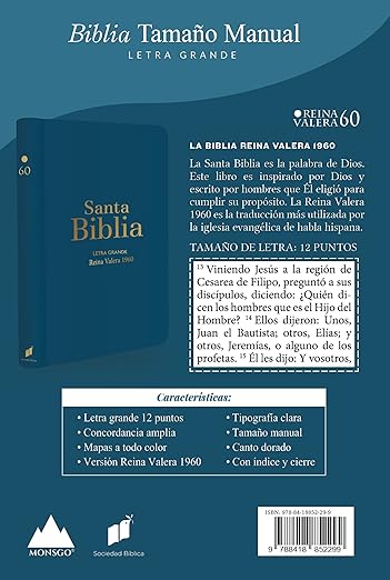 Biblia RVR60 Letra Grande/Tamaño manual - Azul acero con indice y cierre